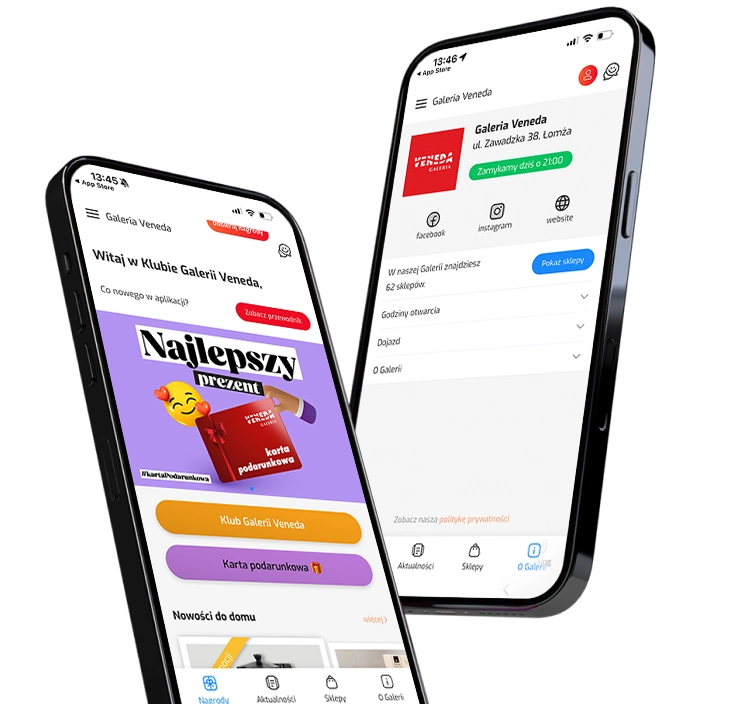 mockup dwóch telefonów i aplikacji galerii veneda