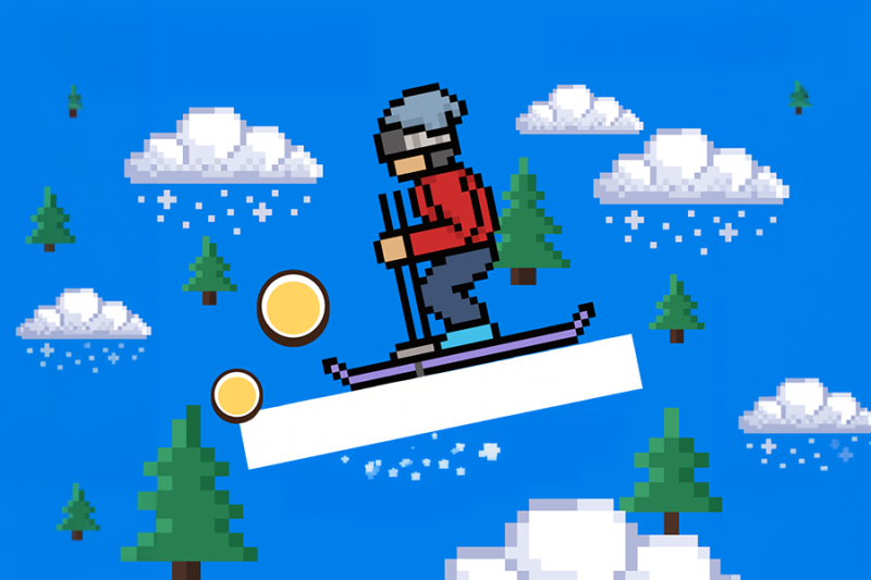 grafika narciarza lecącego w stylu pixel