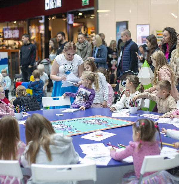 warsztaty dla dzieci na wydarzeniu kicia kocia w galerii veneda, dzieci siedzą przy stole i wyklejają różne przedmioty