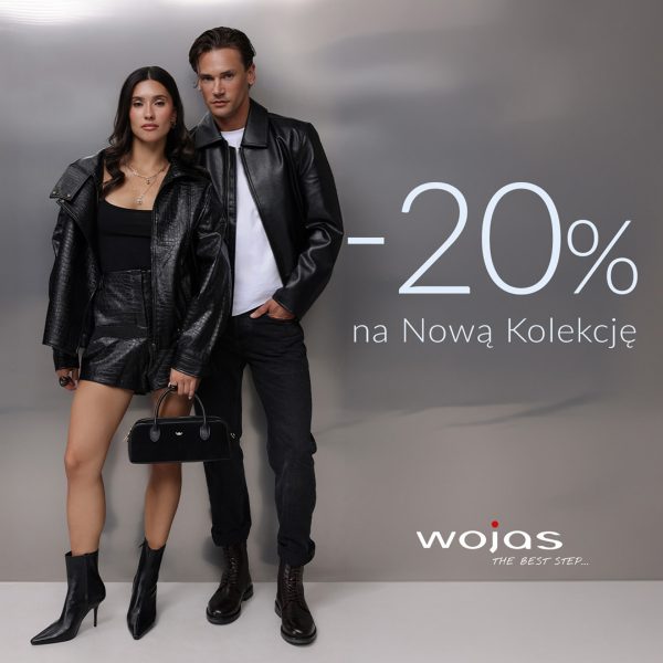 Grafika WOJAS: kobieta i mężczyzna w czarnych stylizacjach. Napis: „–20% na Nową Kolekcję”. Galeria Veneda