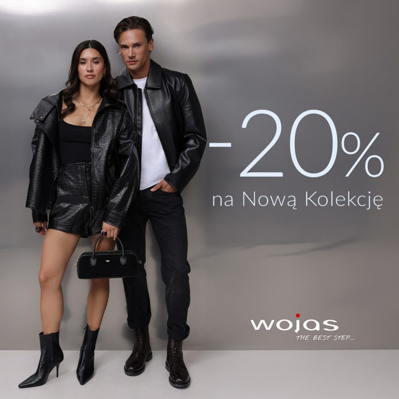 Grafika WOJAS: kobieta i mężczyzna w czarnych stylizacjach. Napis: „–20% na Nową Kolekcję”. Galeria Veneda