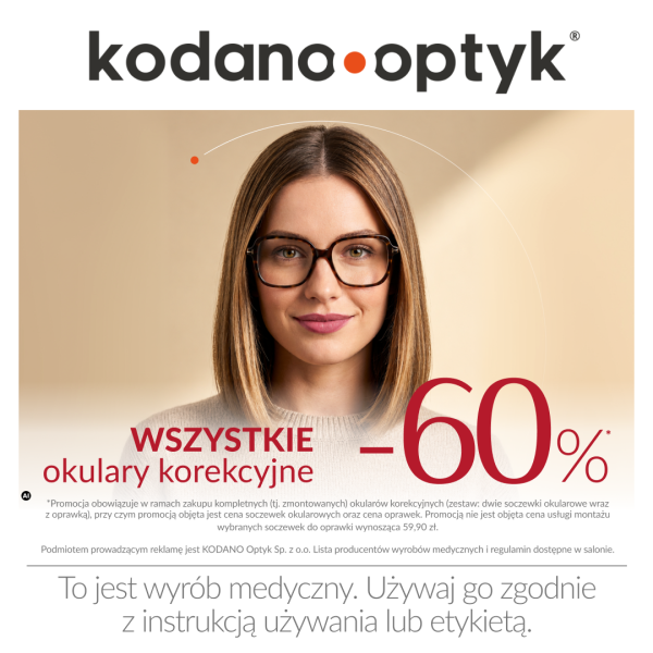 Kobieta w dużych, ciemnych okularach korekcyjnych. Grafika KODANO Optyk z napisem „Wszystkie okulary korekcyjne –60%”.