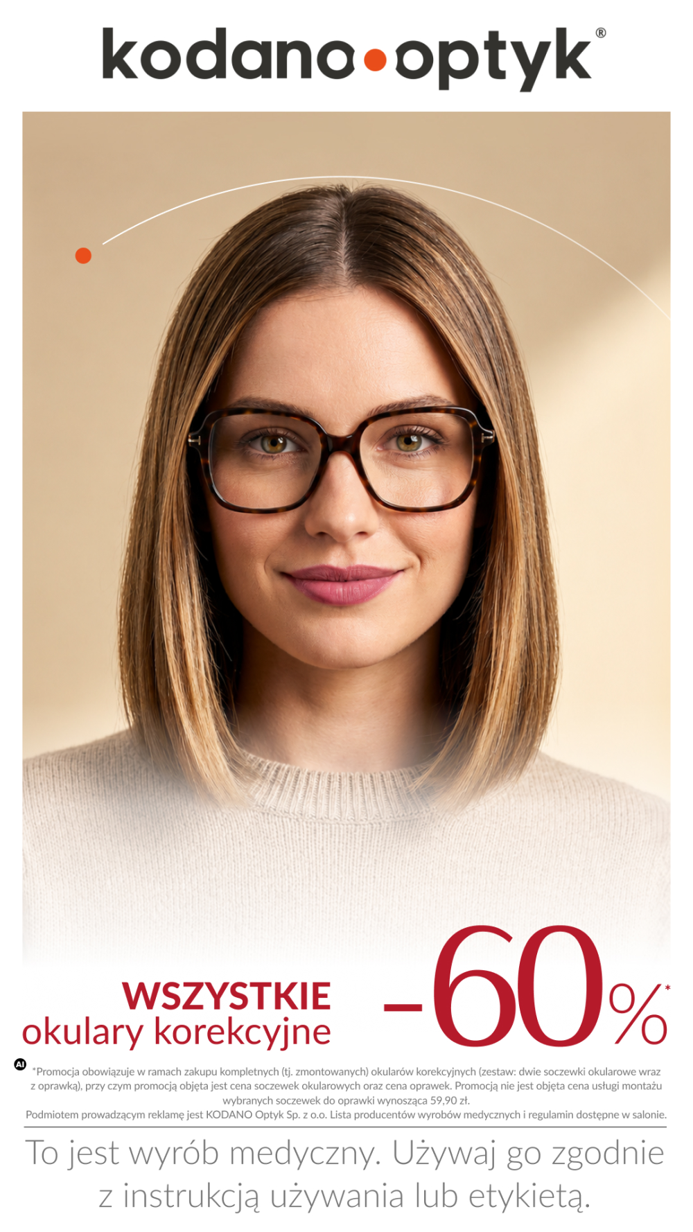 Kobieta w dużych, ciemnych okularach korekcyjnych. Grafika KODANO Optyk z napisem „Wszystkie okulary korekcyjne –60%”.