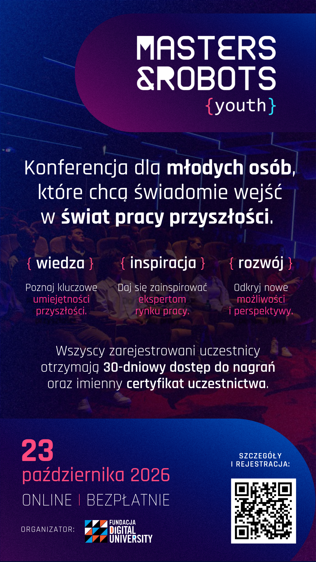 Masters & Robots Youth – bezpłatna konferencja online o pracy przyszłości dla młodzieży, 23 października 2026 r., godz. 10:00–13:00.