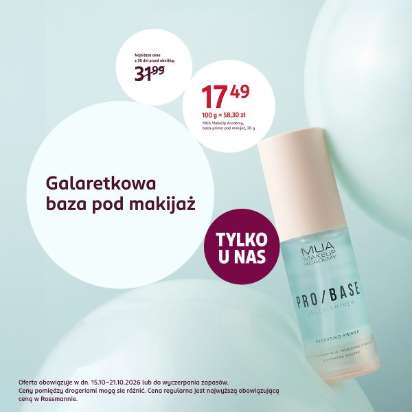 Galaretkowa baza pod makijaż MUA MakeUp Academy Pro/Base, 30 g, za 17,49 zł. Logo Rossmann i napis „Tylko u nas”.