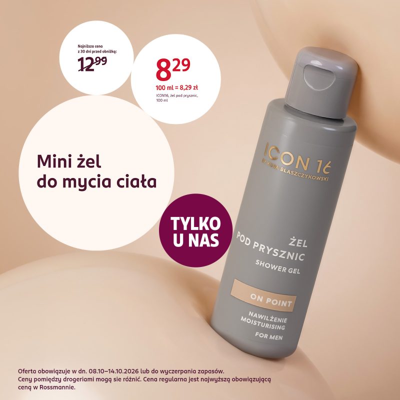 Żel pod prysznic ICON16 by Kuba Błaszczykowski On Point, 100 ml, za 8,29 zł. Napisy: „Mini żel do mycia ciała” i „Tylko u nas”.