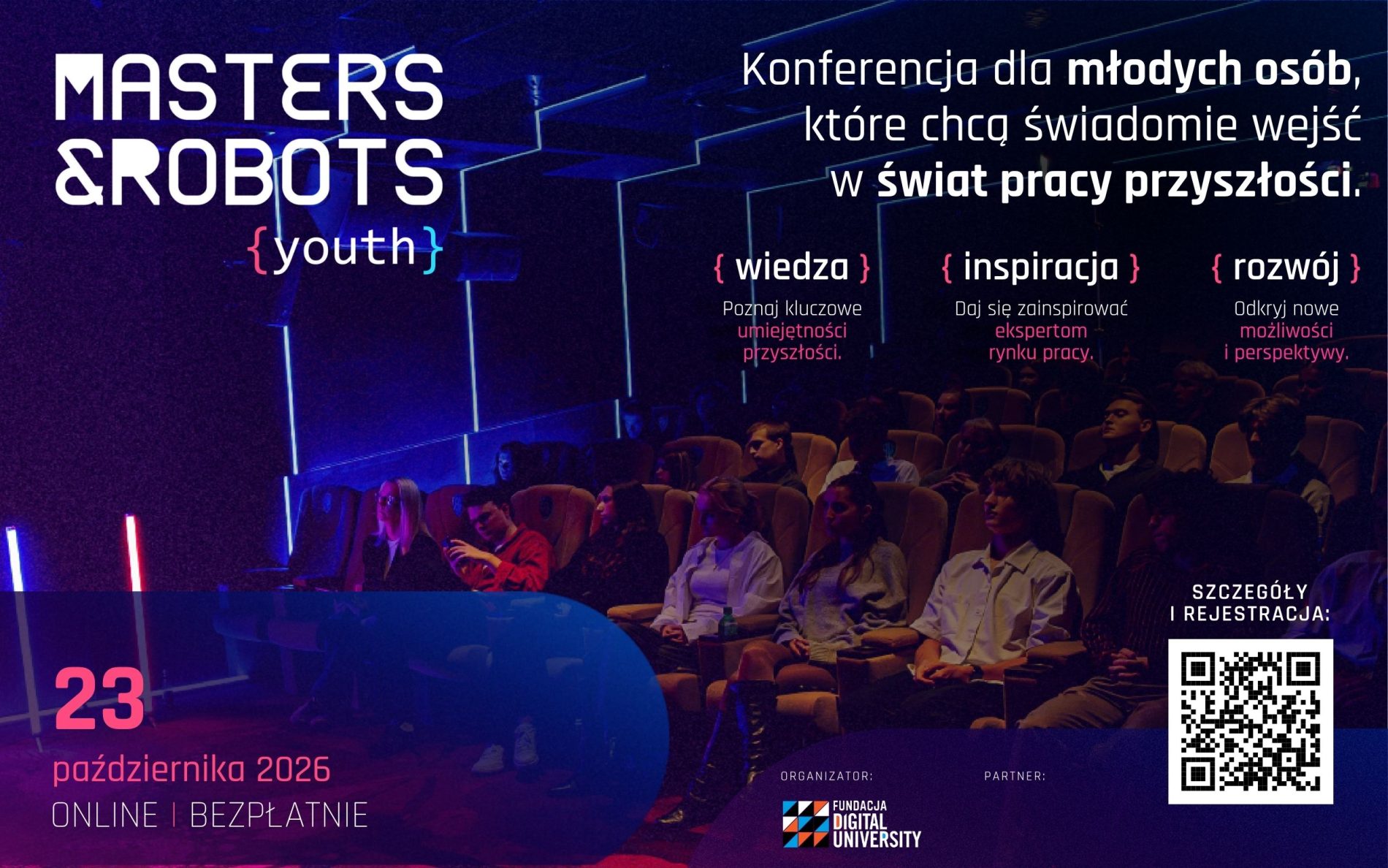 Masters & Robots Youth – bezpłatna konferencja online o pracy przyszłości dla młodzieży, 23 października 2026 r., godz. 10:00–13:00.